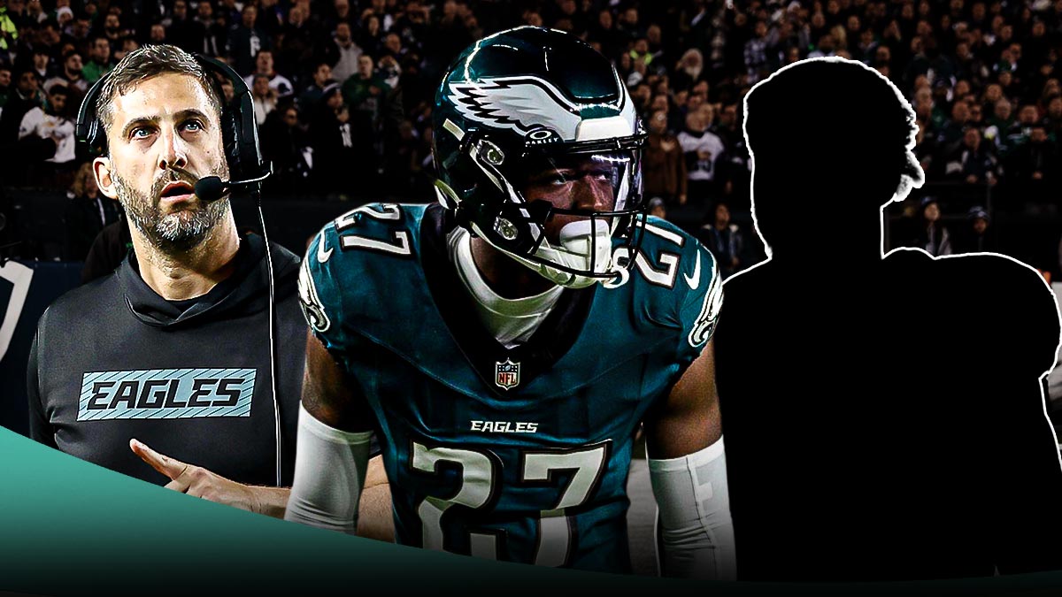 Nick Sirianni next to Quinyon Mitchell and the blacked-out silhouette of Darius Slay