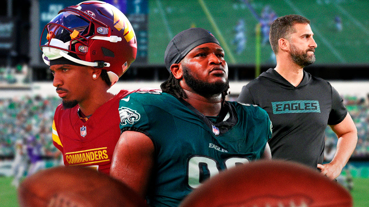 Nick Sirianni upper left with Jalen Carter in Eagles uniform next to Jayden Daniels in Commanders uniform.