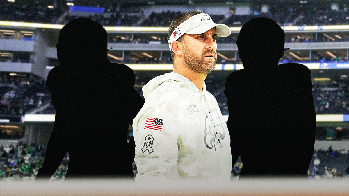 Nick Sirianni with the blacked-out silhouette of Nakobe Dean on his left and the blacked-out silhouette of Milton Williams on his right in front of SoFi Stadium