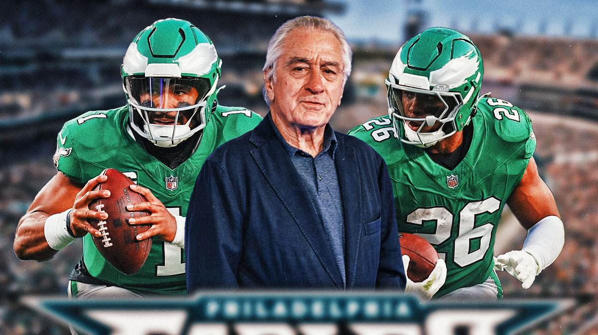 Robert De Niro with Philadelphia Eagles stars Jalen Hurts and Saquon Barkley, who defeated the Jacksonville Jaguars, with Lincoln Financial Field background.