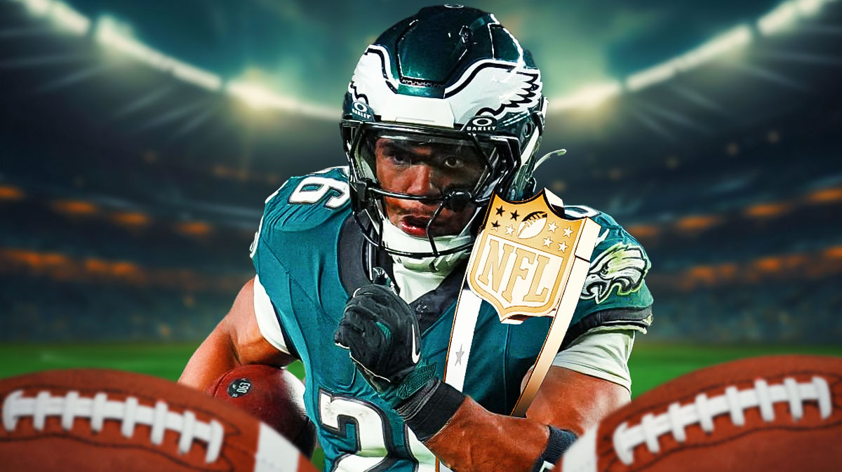 Saquon Barkley in an Eagles jersey with the NFL MVP award.