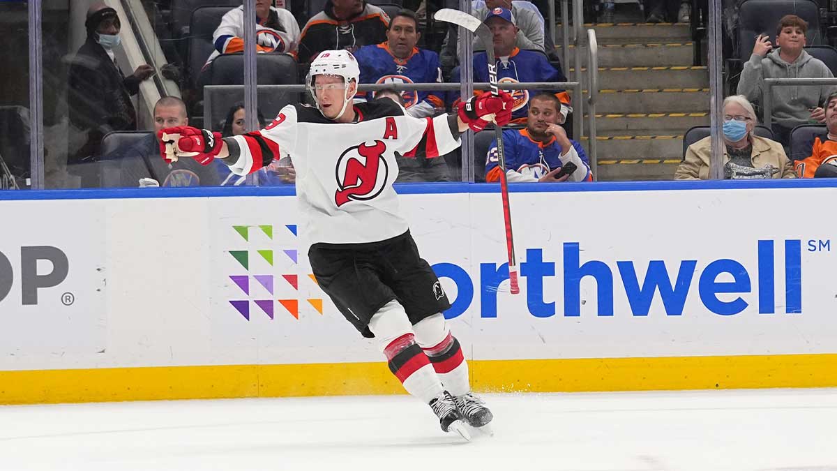 New Jersey Devils left wing Ondrej Palat (18) reacts to scoring a goal against the New York Islanders during the third period at UBS Arena.