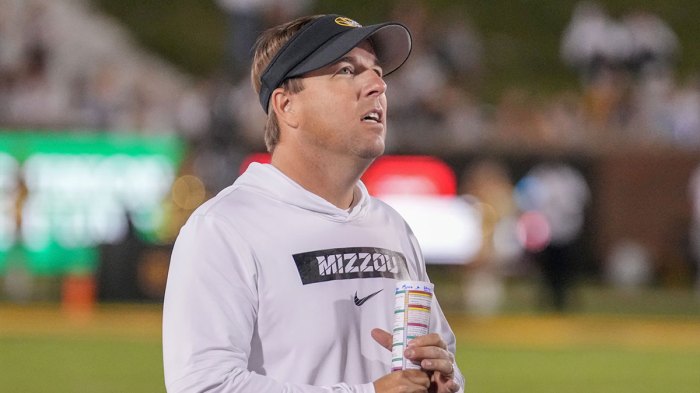 Missouri Tigers head coach Eli Drinkwitz watches a replay against the Buffalo Bulls during the second half at Faurot Field at Memorial Stadium.