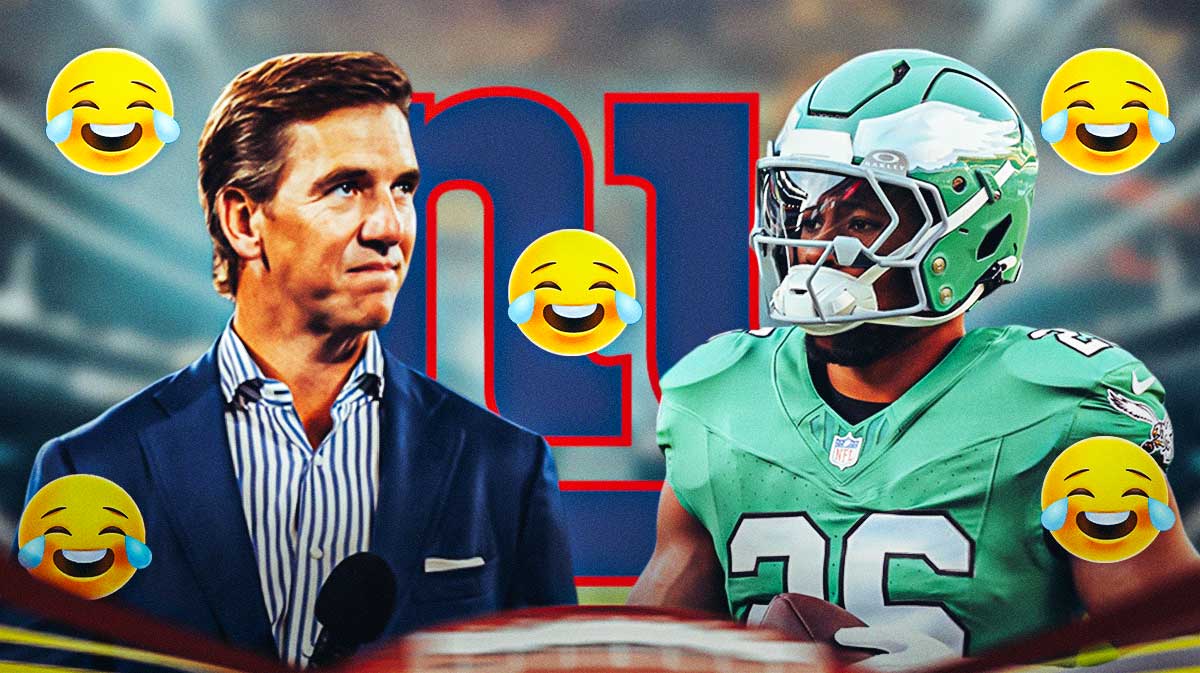 Former New York Giants QB Eli Manning with Philadelphia Eagles RB Saquon Barkley. They are surrounded by laughing emojis (😂). There is also a logo for the New York Giants.