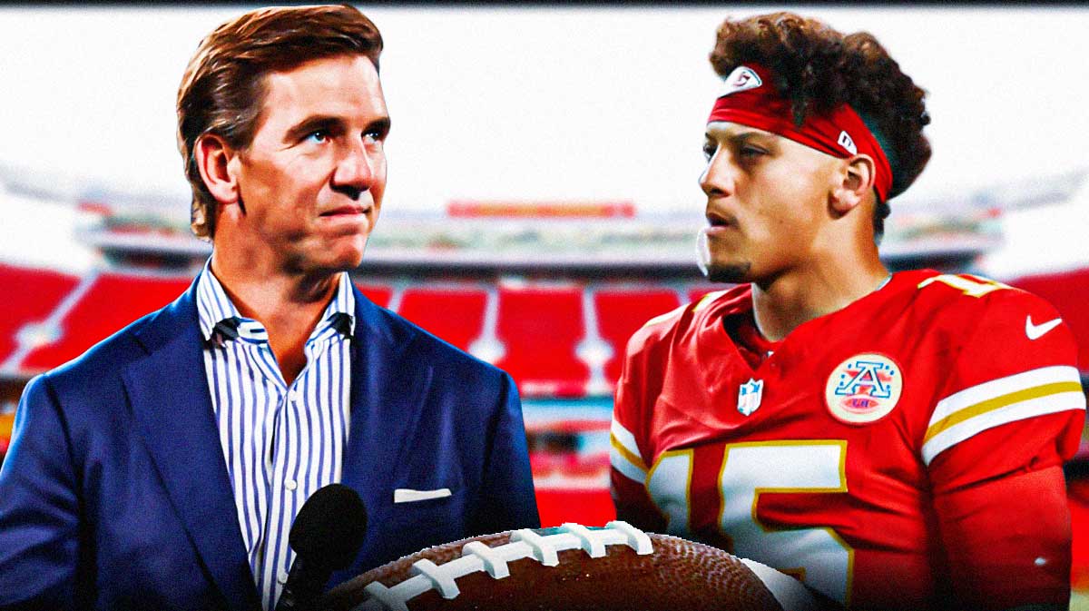 Eli Manning and Kansas City Chiefs quarterback Patrick Mahomes, who just defeated the Tampa Bay Buccaneers in overtime with Arrowhead Stadium background.