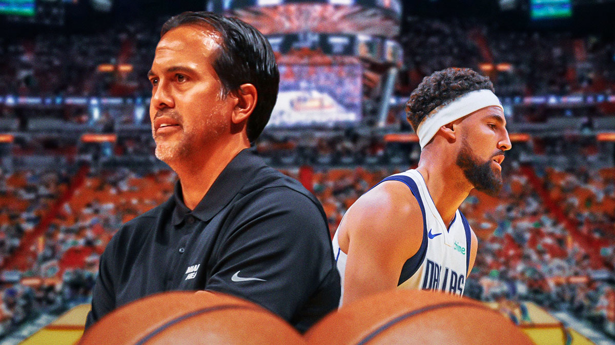 Miami Heat head coach Erik Spoelstra and Klay Thompson in front of Kaseya Center.