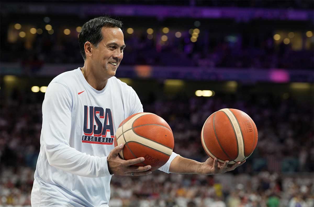 USA basketball assistant coach Erik Spoelstra before a game against Serbia during the Paris 2024 Olympic Summer Games at Stade Pierre-Mauroy.