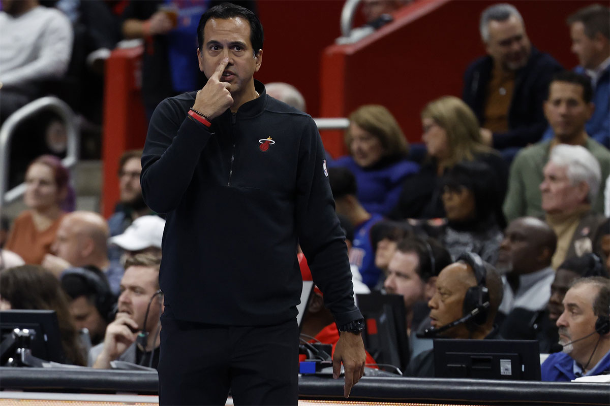 Miami Heat head coach Erik Spoelstra on the sideline in the first half against the Detroit Pistons at Little Caesars Arena.