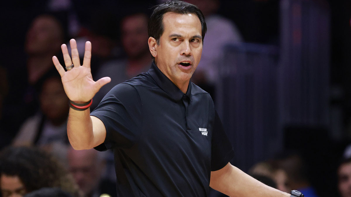 Miami Heat head coach Erik Spoelstra reacts against the Dallas Mavericks during the first half at Kaseya Center.