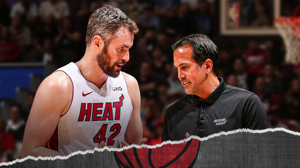 Miami Heat star Kevin Love and Erik Spoelstra in front of Kaseya Center.