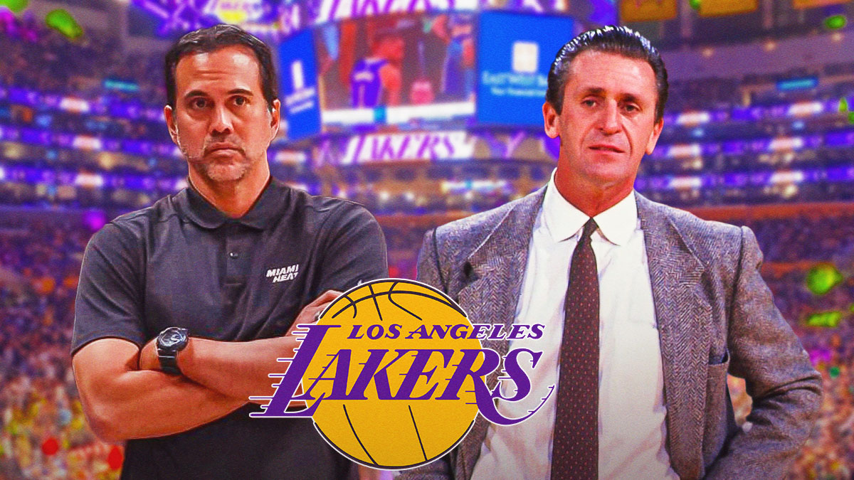 Erik Spoelstra beside young Pat Riley as a coach. Lakers logo in the background.