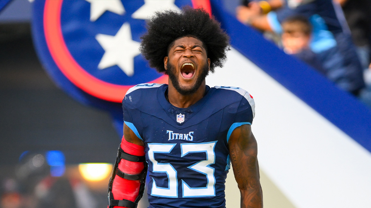 Tennessee Titans linebacker Ernest Jones, IV screams during pregame warmups against the Indianapolis Colts at Nissan Stadium.