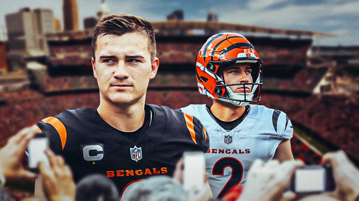 Evan McPherson in Bengals uniform with fans background.