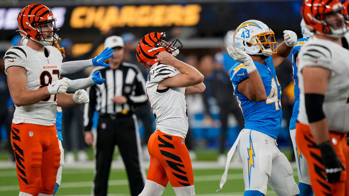 Cincinnati Bengals place kicker Evan McPherson (2) reacts after missing a second go-ahead field goal attempt in the fourth quarter of the NFL Week 11 game between the Los Angeles Chargers and the Cincinnati Bengals at SoFi Stadium