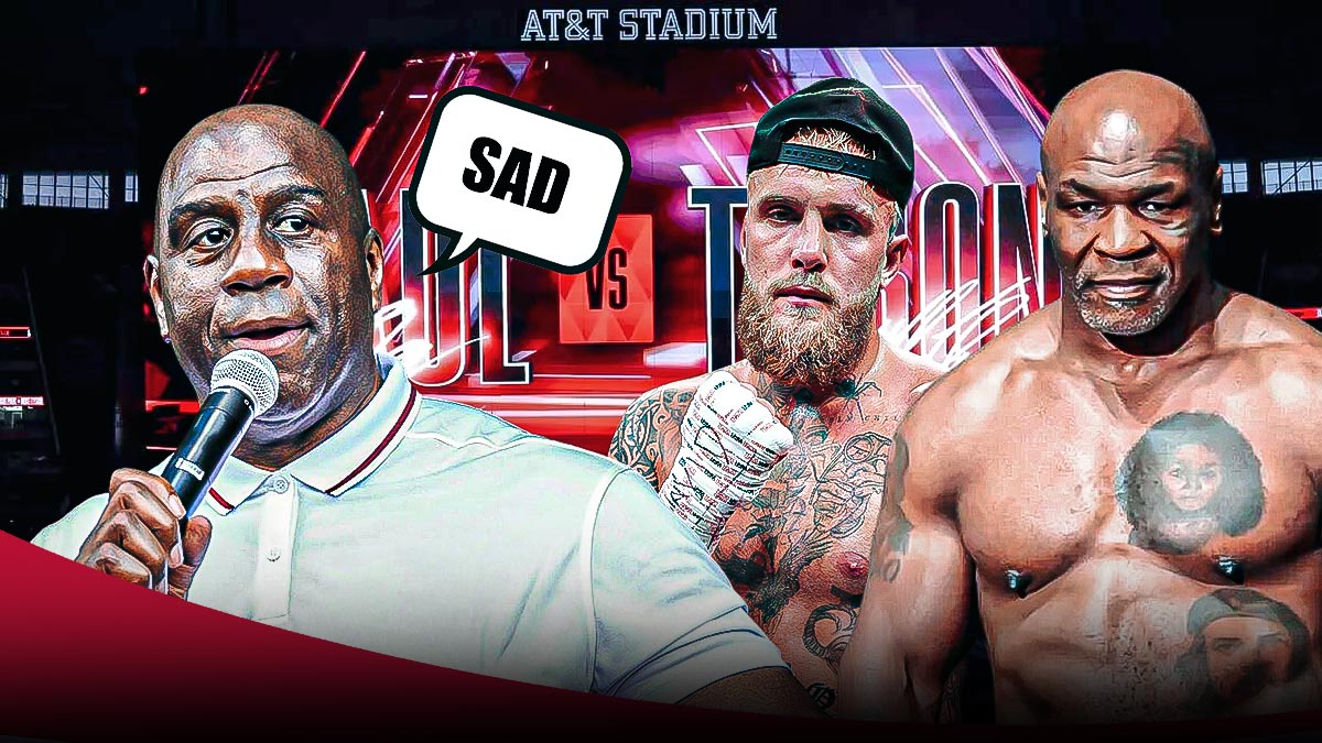Magic Johnson with a text bubble reading "Sad" next to Logan Paul and Mike Tyson in front of AT&T Stadium