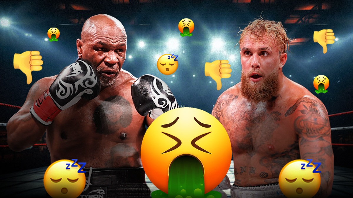 Mike Tyson and Jake Paul looking angry, with vomit, thumbs down, and sleeping emojis all over