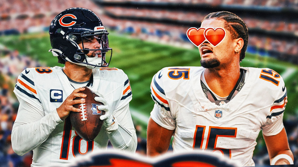 Bears' Rome Odunze with heart emoji eyes looking at Caleb Williams