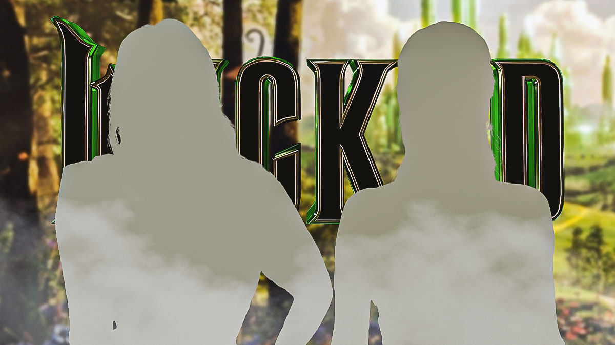Silhouettes of Wicked Broadway stars Idina Menzel and Kristin Chenoweth, who cameo in the movie, with Land of Oz background.
