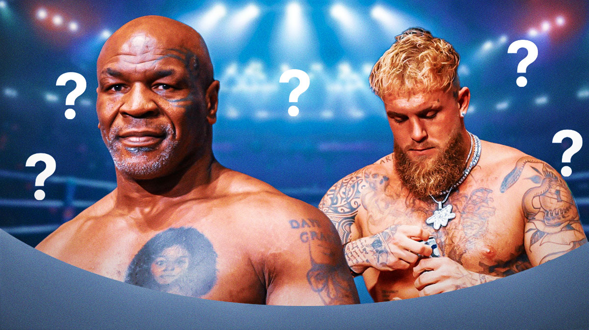 Boxers Mike Tyson and Jake Paul with a question mark in between them