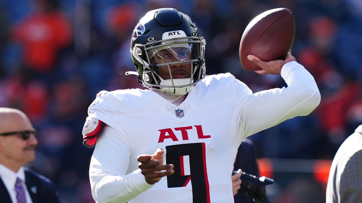 Atlanta Falcons quarterback Michael Penix Jr. (9) warms up before the game against the Denver Broncos at Empower Field at Mile High