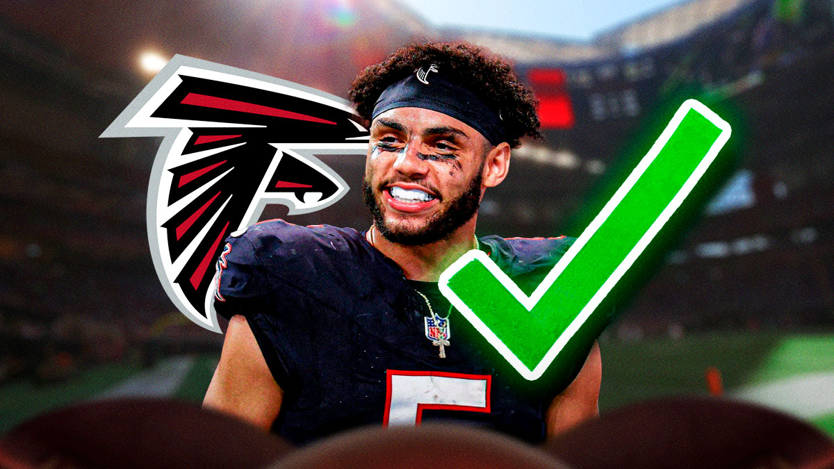 Falcons' Drake London with a big green checkmark over his chest with a Falcons logo