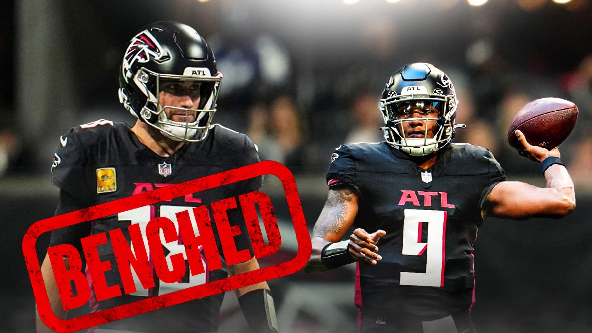 Falcons' Kirk Cousins with a red stamp text overlay BENCHED over him and Falcons' Michael Penix Jr