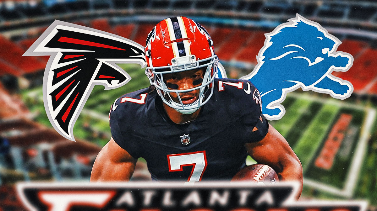 Atlanta Falcons RB Bijan Robinson in the middle of the image. On the left side is a logo for the Atlanta Falcons. On the right side is a logo for the Detroit Lions.