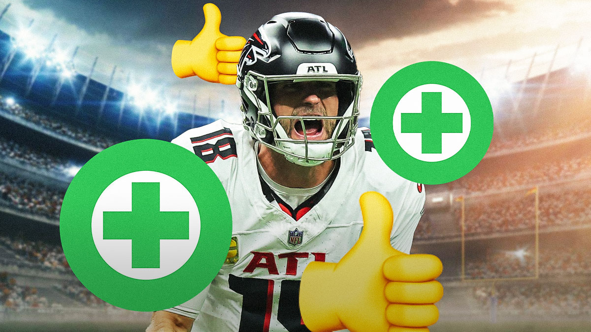 Atlanta Falcons QB Kirk Cousins in front of Empower Field at Mile High with a mix of 👍 and green medical cross in white circle in the background