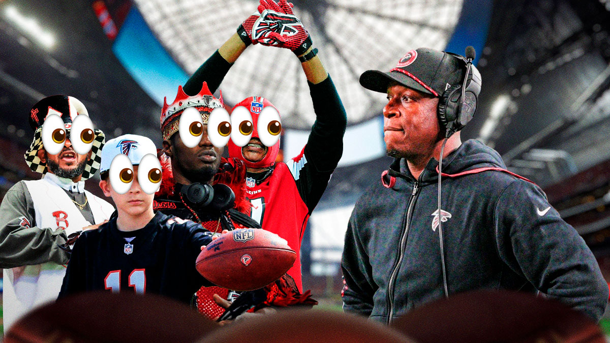 Raheem Morris on one side, a bunch of Atlanta Falcons fans on the other side with the big eyes emoji over their faces