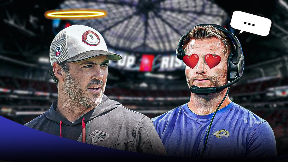 Falcons offensive coordinator Zac Robinson wearing Falcons gear next to current Rams head coach Sean McVay. McVay has a thought bubble above his head with "..." inside of it and heart eyes looking at Zac Robinson. Zac Robinson has an angelic halo above his head.