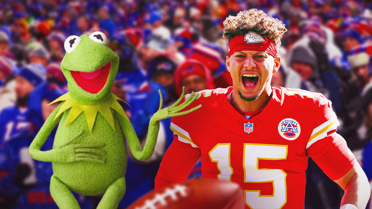 Bills mafia in the background, Patrick Mahomes in the foreground, Kermit the Frog on the left