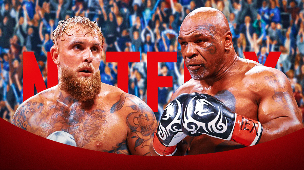 Boxers Mike Tyson and Jake Paul with the Netflix logo between them and fans yelling in the background