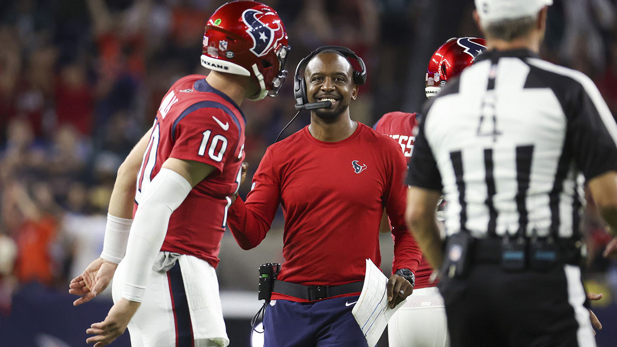 Houston Texans offensive coordinator Pep Hamilton reacts after a replay review of a touchdown during the second quarter against the Philadelphia Eagles at NRG Stadium.