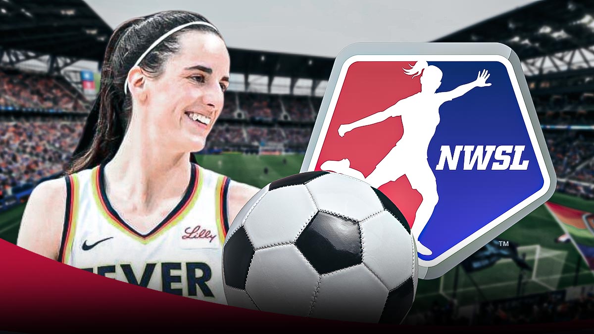 Caitlin Clark, a soccer ball, FC Cincinnati's MLS stadium, NWSL logo