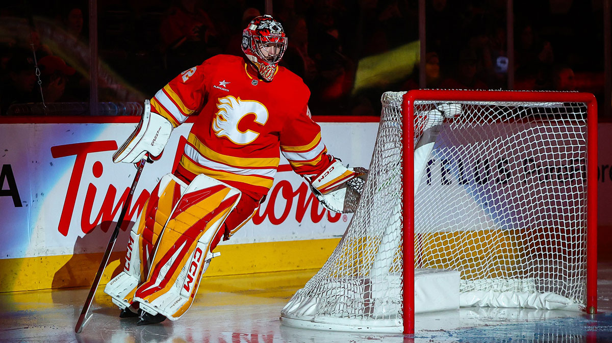 Calgary Flames goaltender Dustin Wolf (32) takes the ice prior to the game against the Nashville Predators at Scotiabank Saddledome.