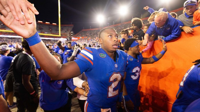 Florida Gators quarterback DJ Lagway (2) shakes hands with fans during the second half at Ben Hill Griffin Stadium in Gainesville, FL on Saturday, November 16, 2024. The Gators defeated the Tigers 27-16. [Doug Engle/Gainesville Sun].