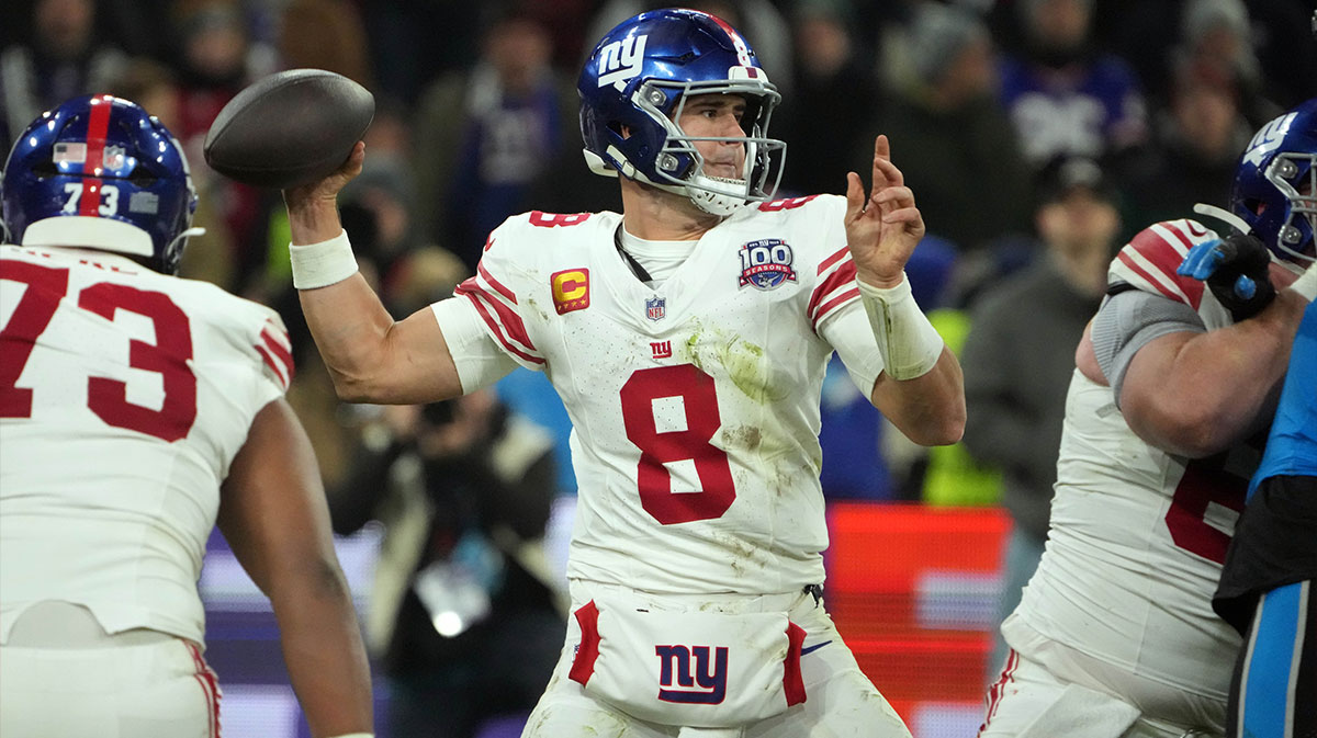 New York Giants quarterback Daniel Jones (8) throws the ball against the Carolina Panthers in the second half during the 2024 NFL Munich Game at Allianz Arena.