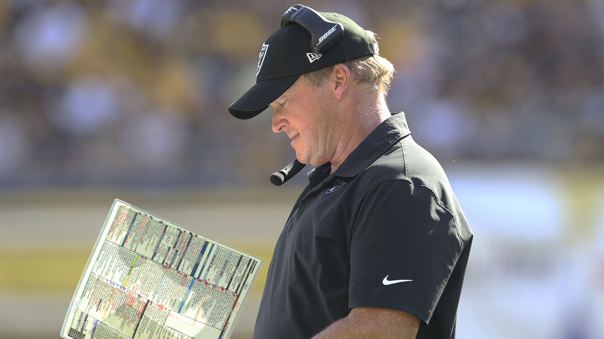 Las Vegas Raiders head coach Jon Gruden looks at his play chart against the Pittsburgh Steelers during the fourth quarter at Heinz Field. Las Vegas won 26-17.