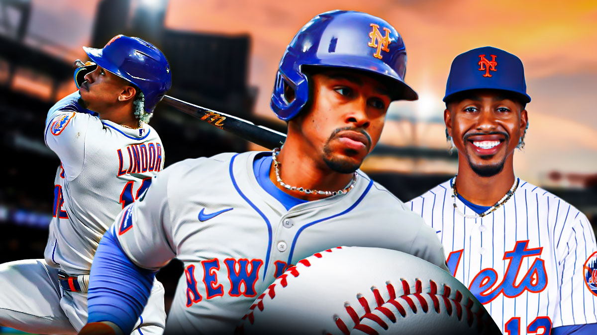 Mets Francisco Lindor in front looking serious. In background on left, Mets Francisco Lindor swinging a baseball bat. In background on right, Mets Francisco Lindor smiling.