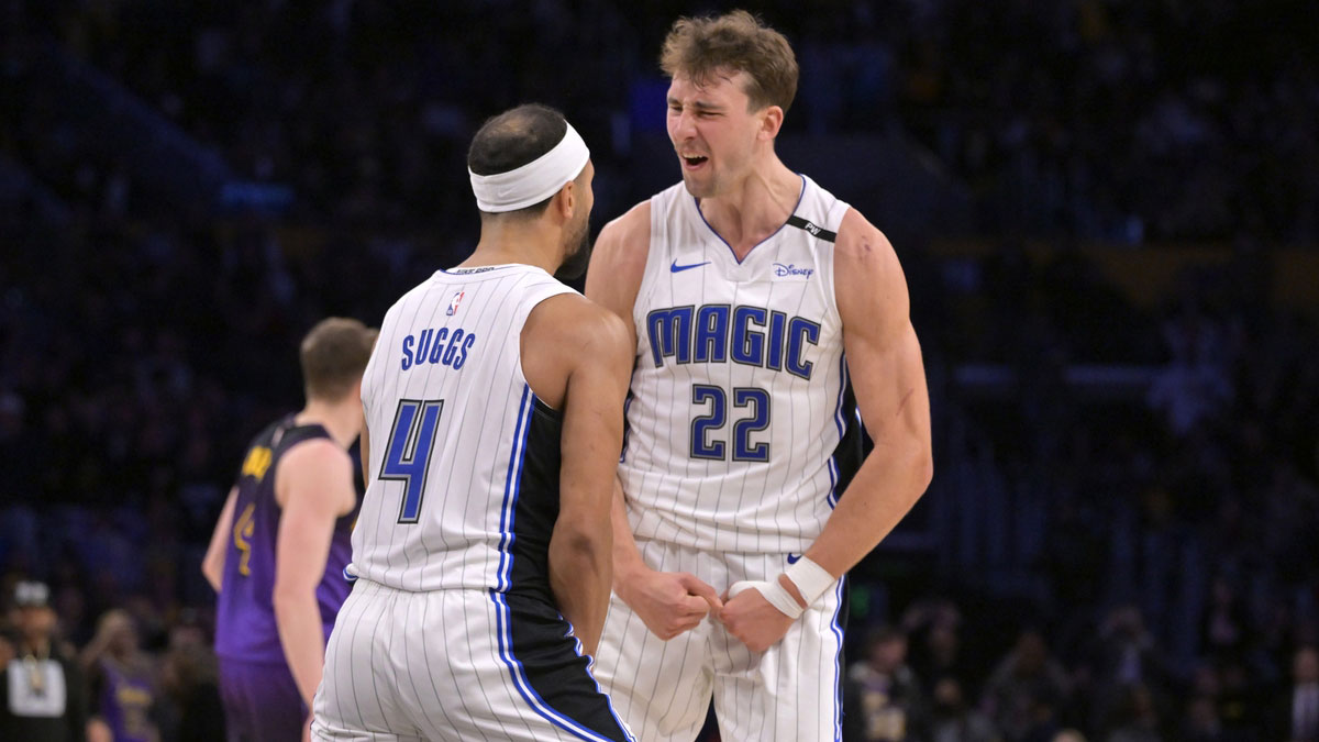 Orlando Magic forward Franz Wagner (22) celebrates with guard Jalen Suggs (4) after defeating the Los Angeles Lakers with a 3-point basket with 2.5 seconds left in the game at Crypto.com Arena.