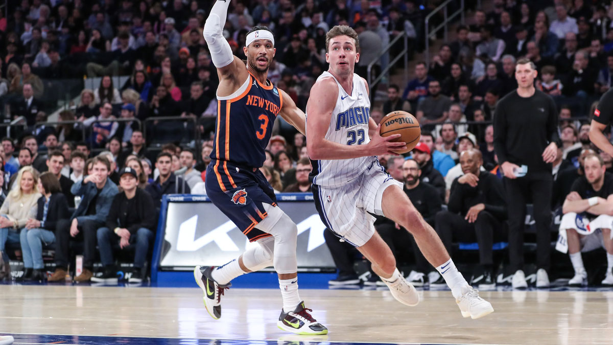 Orlando Magic forward Franz Wagner (22) drives past New York Knicks guard Josh Hart (3) in the second quarter at Madison Square Garden.