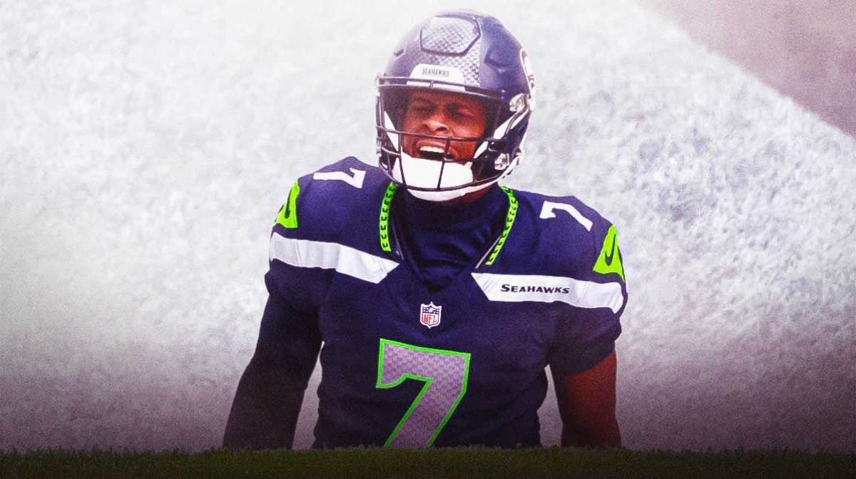 Geno Smith looking confident in Seahawks gear.