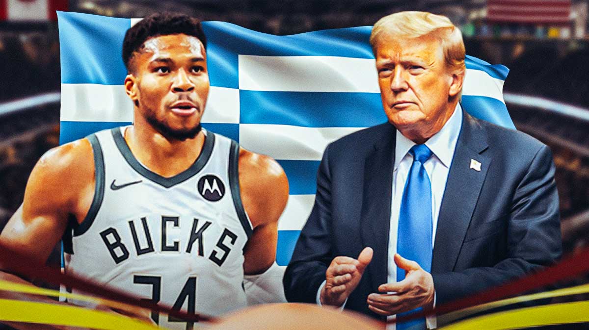 Milwaukee Bucks player Giannis Antetokounmpo, former President of the United States Donald Trump, and the flag of Greece