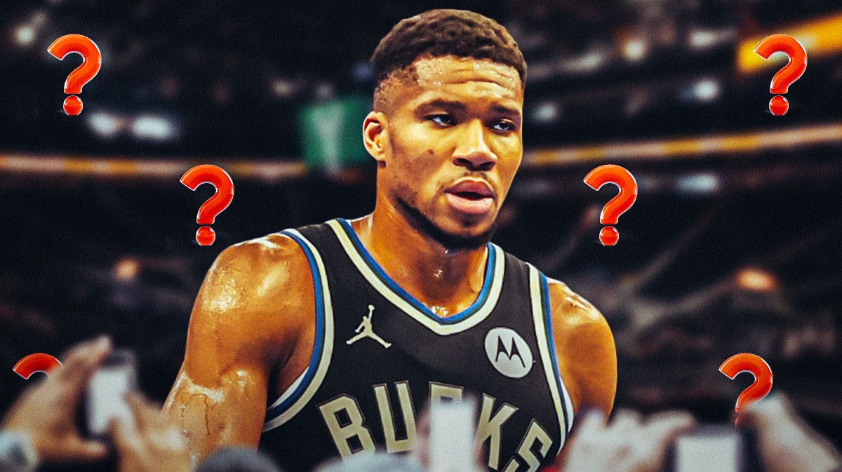 Giannis Antetokounmpo with question marks surrounding the picture.