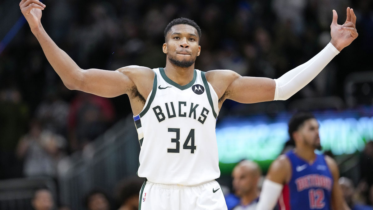 Milwaukee Bucks forward Giannis Antetokounmpo (34) celebrates following the game against the Detroit Pistons at Fiserv Forum.