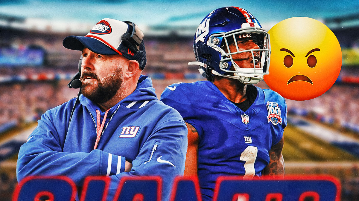New York Giants head coach Brian Daboll and Malik Nabers next to him, while Nabers has angry emojis next to him