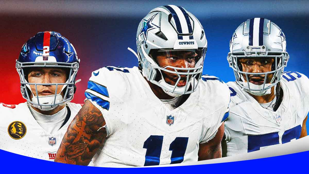 Drew Lock in a New York Giants uniform looking afraid with Micah Parsons and Eric Kendricks in Dallas Cowboys uniforms as the Cowboys sacked Lock six times and the giants quarterback had a rough thanksgiving.