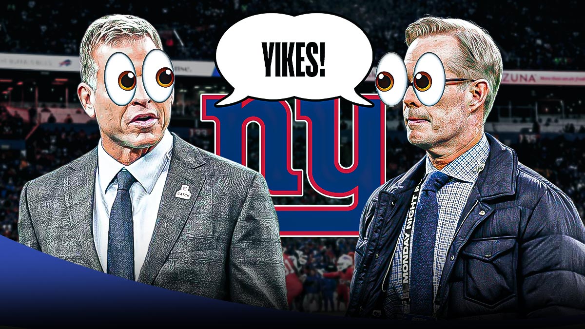 Joe Buck and Troy Aikman both with 👀 emojis over their eyes while looking at New York Giants logo and having a speech bubble over both of them saying "YIKES!"