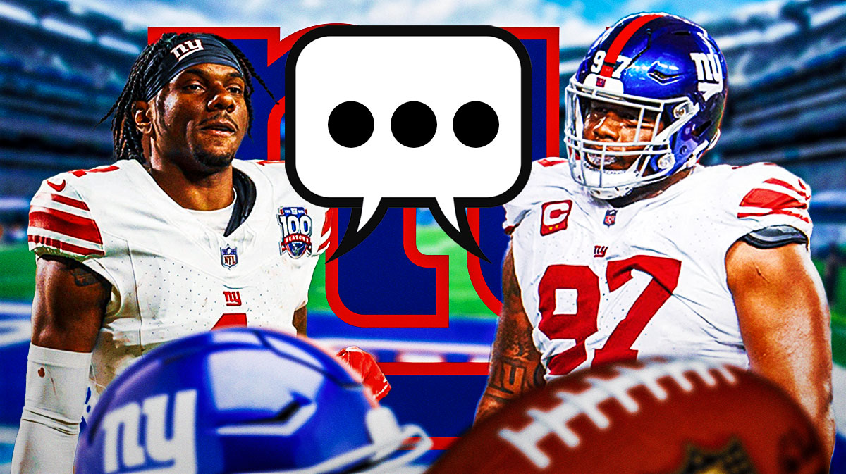 New York Giants WR Malik Nabers and DT Dexter Lawrence with a combined speech bubble that has the three dots emoji inside. There is also a logo for the New York Giants.