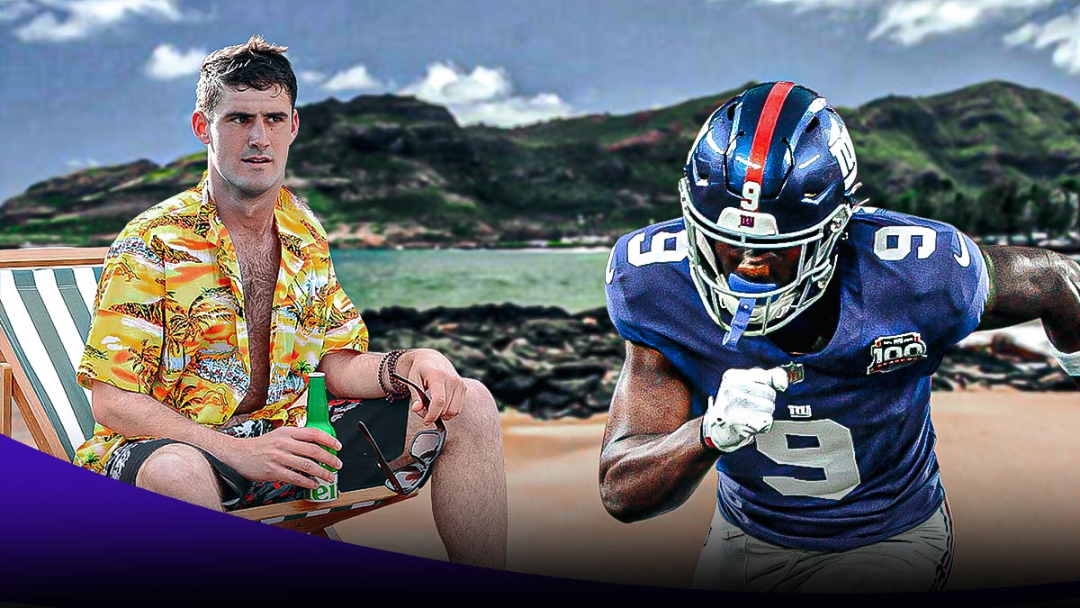 Giants WR Malik Nabers standing next to Daniel Jones, Jones is sitting in a beach chair, on the beach, with sunglasses and a Hawaiian shirt on